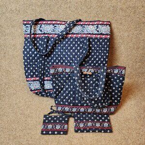 6Pc Vera Bradley Set Floral 2 Totes Glasses Case Crossbody Wristlet Coin Black